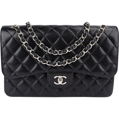 Chanel Quilted Caviar Leather Palladium Jumbo Double Flap Crossbody Bag
