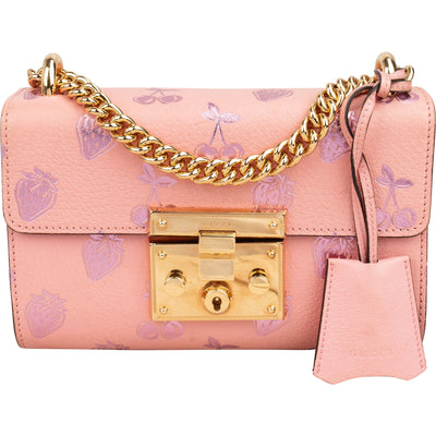 Gucci Pink Leather Glitter Embossed Fruits Small Padlock Crossbody Bag