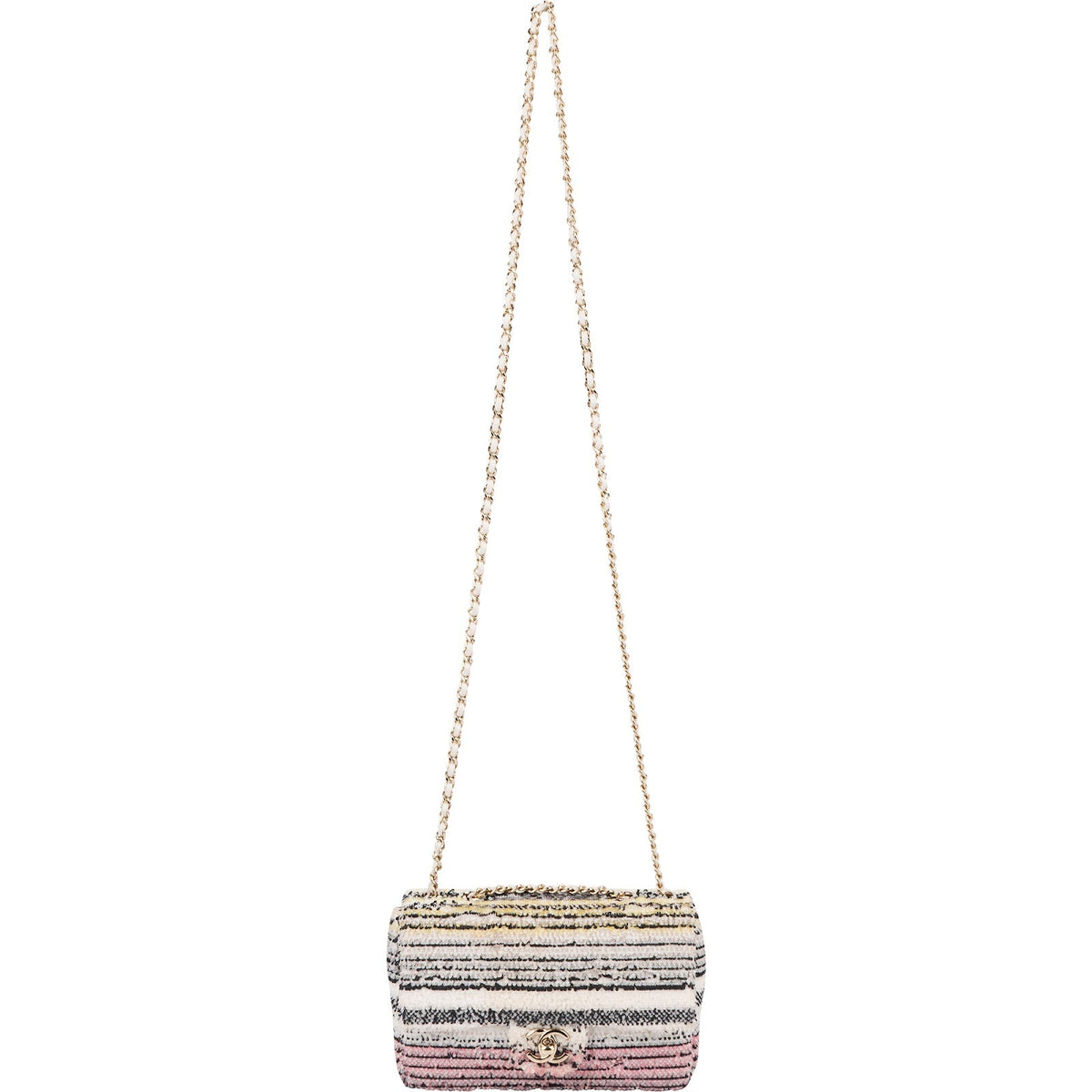 Chanel kleine crossbodytas met enkele flap, veelkleurig gestreept met lovertjes