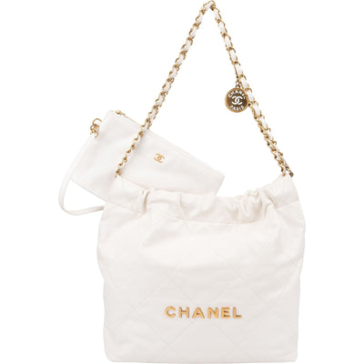 Chanel 22 White Quilted Lambskin Maxi Drawstring Shoulder Bag