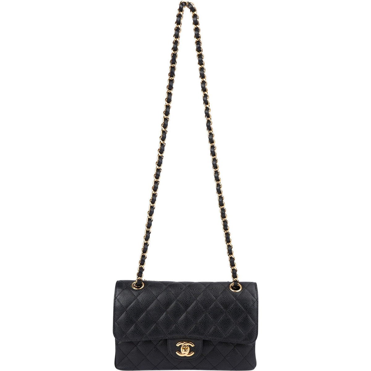 Sac à bandoulière Chanel Small Double Flap en cuir caviar matelassé doré