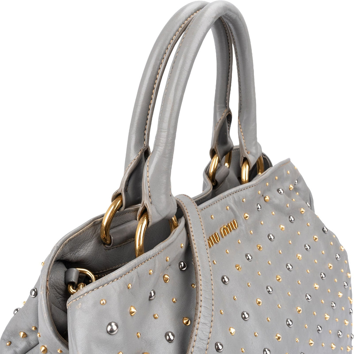 Sac cabas Miu Miu Studded en cuir gris