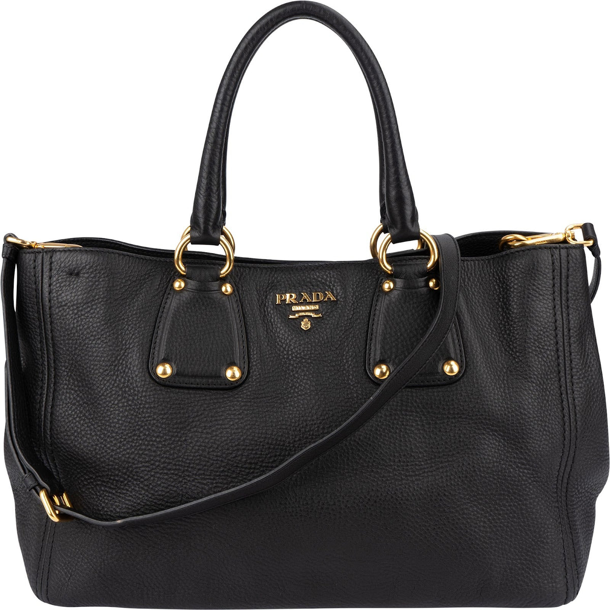 Prada Schwarz Vitello Daino Tote aus Leder – Vorderansicht