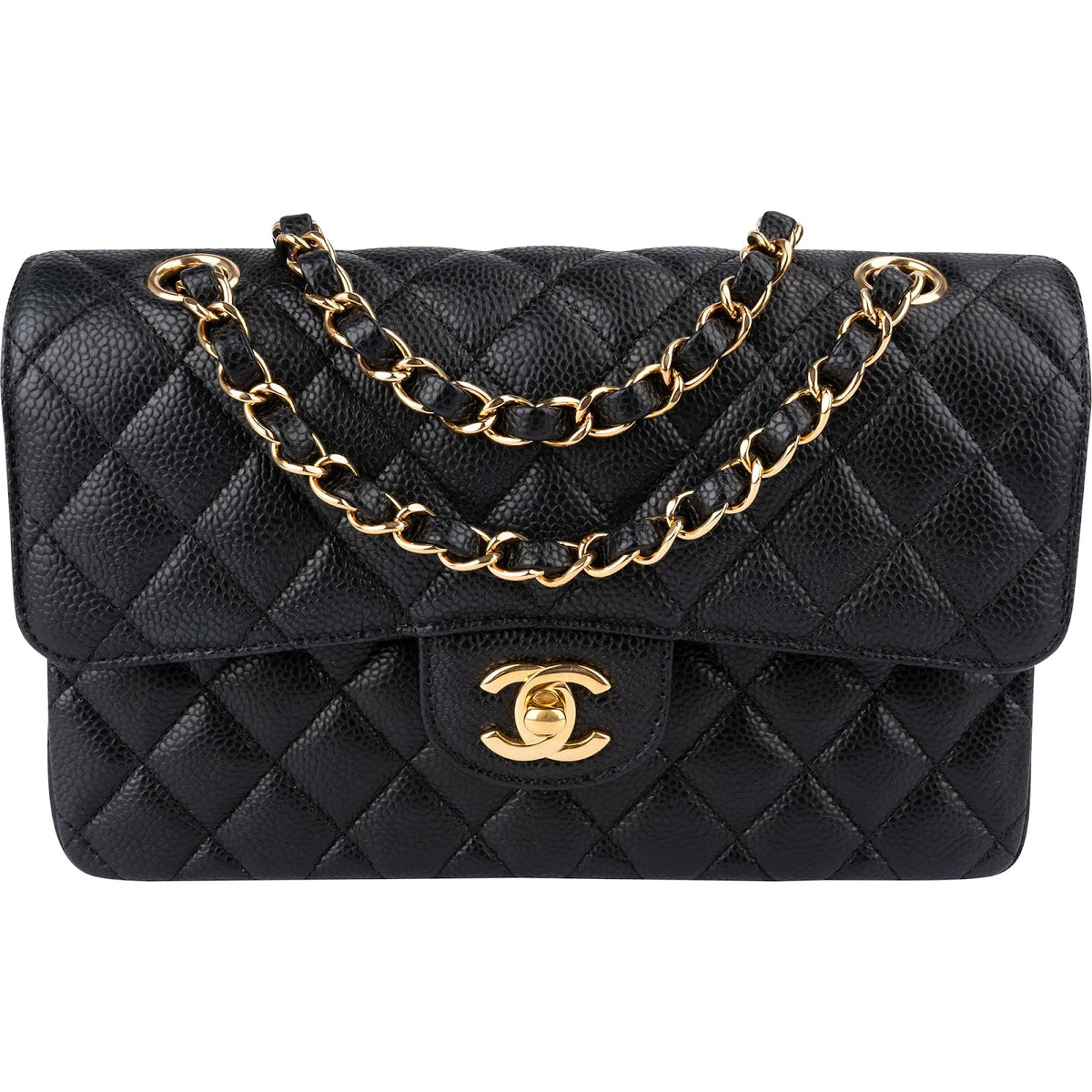 Chanel Quilted Caviar Leather Gold Small Double Flap Shoulder Bag