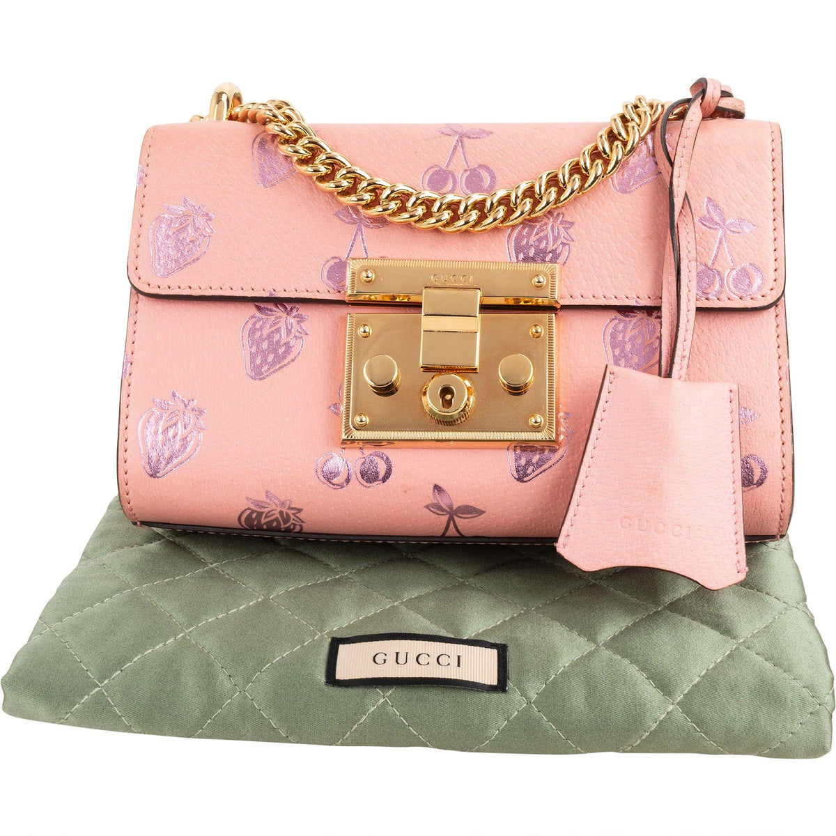 Sac bandoulière Gucci Glitter Fruits Small Padlock en cuir embossé rose
