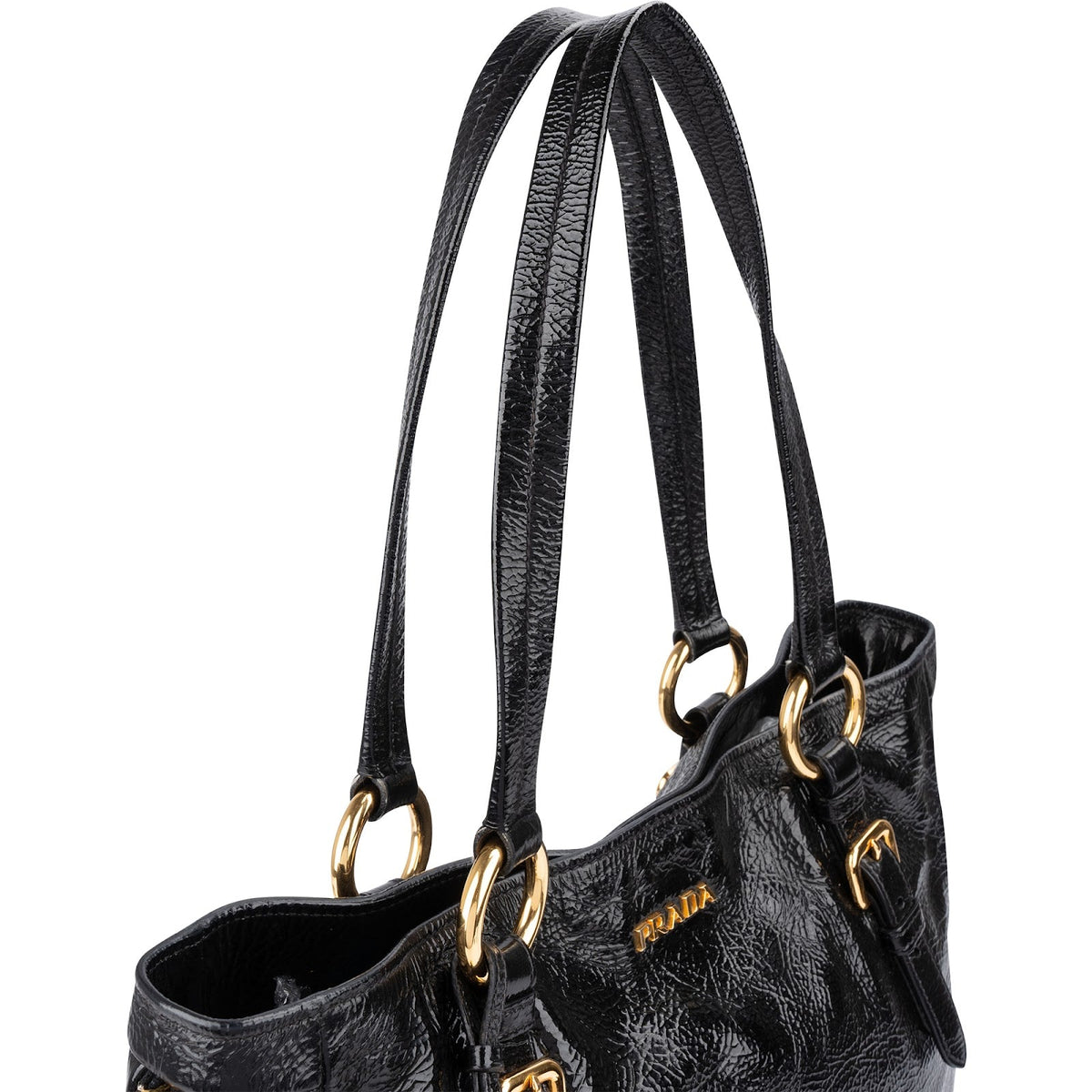 Prada Crinkled Vernice Naplak Leather Zip Around Tote Shoulder Bag