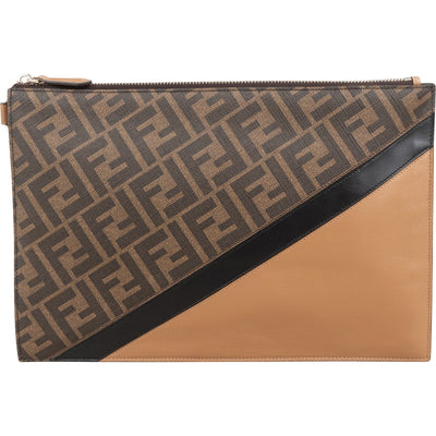 Fendi Monogram FF Canvas & Bicolor Calfskin Flat Pouch Clutch