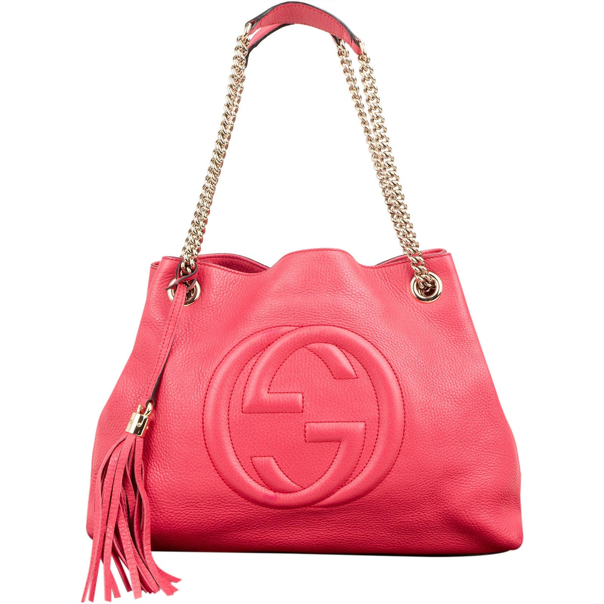 Borsa tote a spalla Gucci Soho in pelle martellata rosa con catena