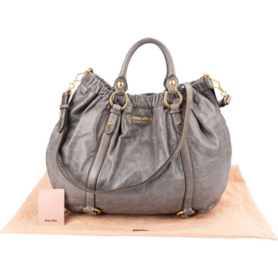 Miu Miu Grey Vitello Lux Leather Gathered Tote Handbag
