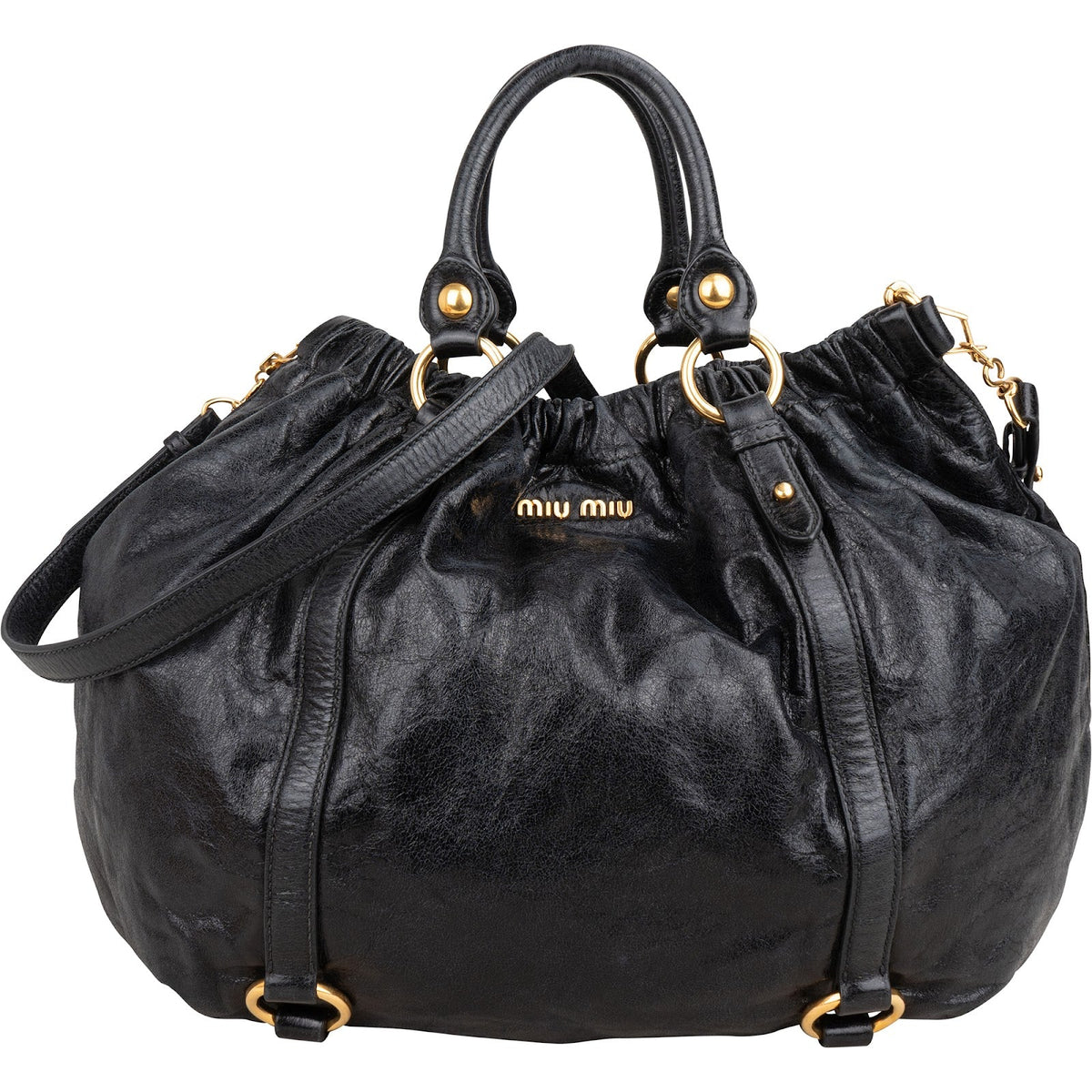 Bolso de mano Miu Miu Hobo Satchel fruncido en piel Vitello Lux negra