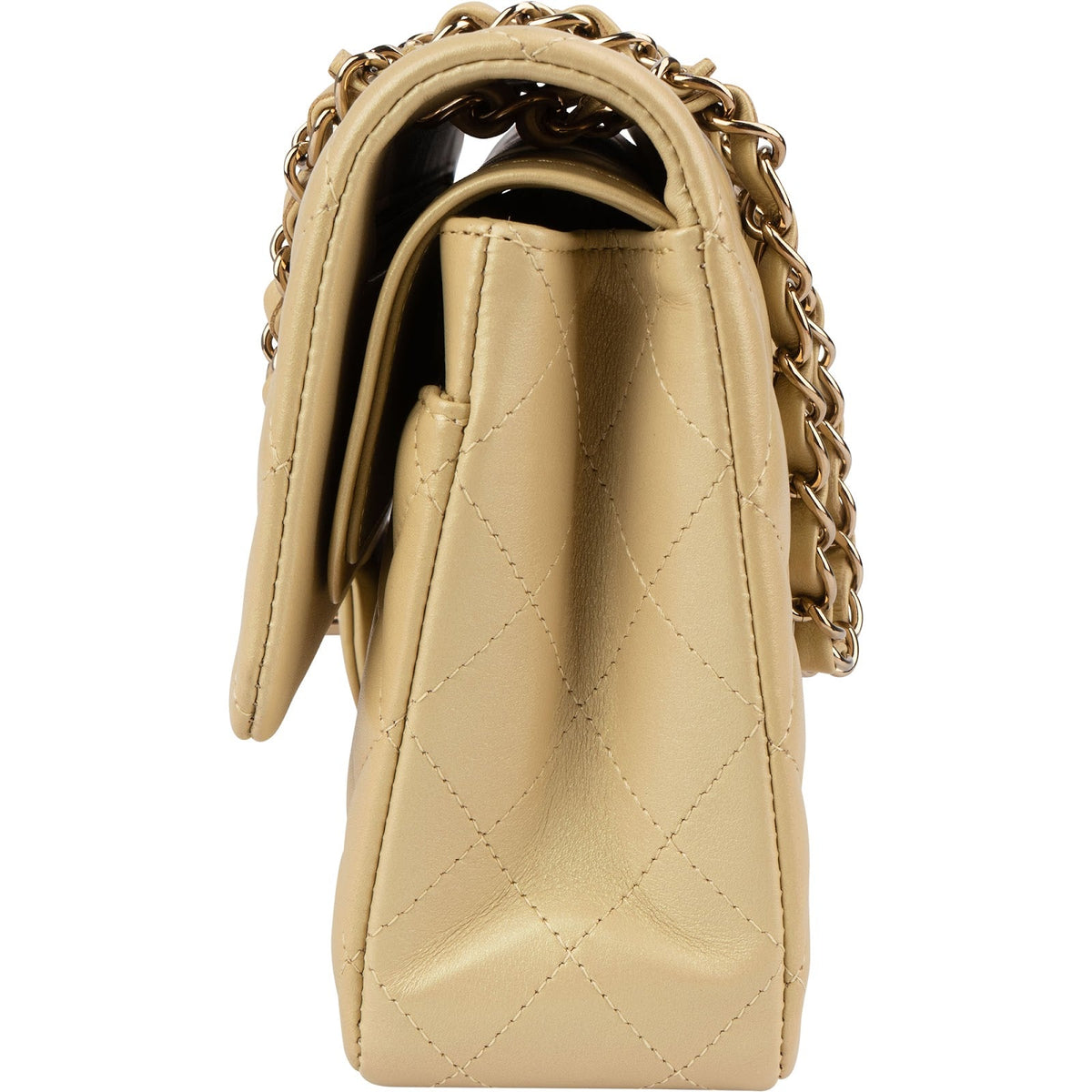 Chanel middelgrote dubbele flap schoudertas van goudkleurig glinsterend doorgestikt lamsleer