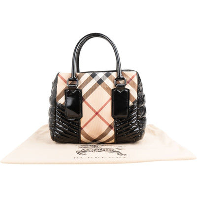 Burberry Quilted Patent Leather Haymarket Check Tote Shoulder Bag