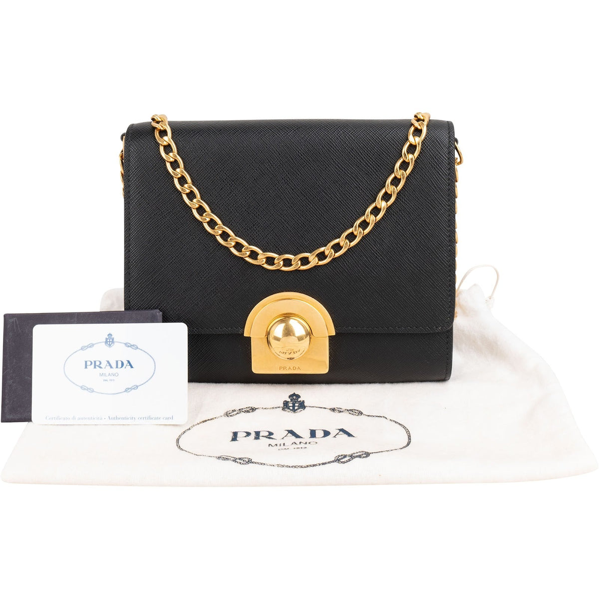 Borsa a tracolla piccola Prada in pelle Saffiano con chiusura a scatto rotonda