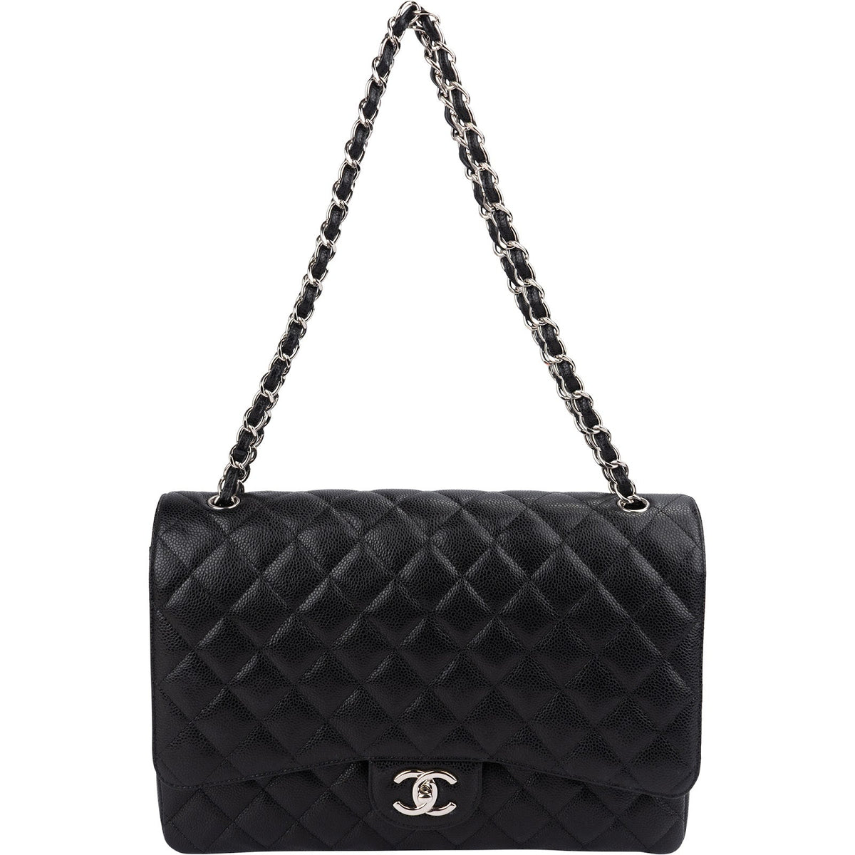 Chanel Quilted Caviar Leather Palladium Maxi Double Flap Crossbody Bag