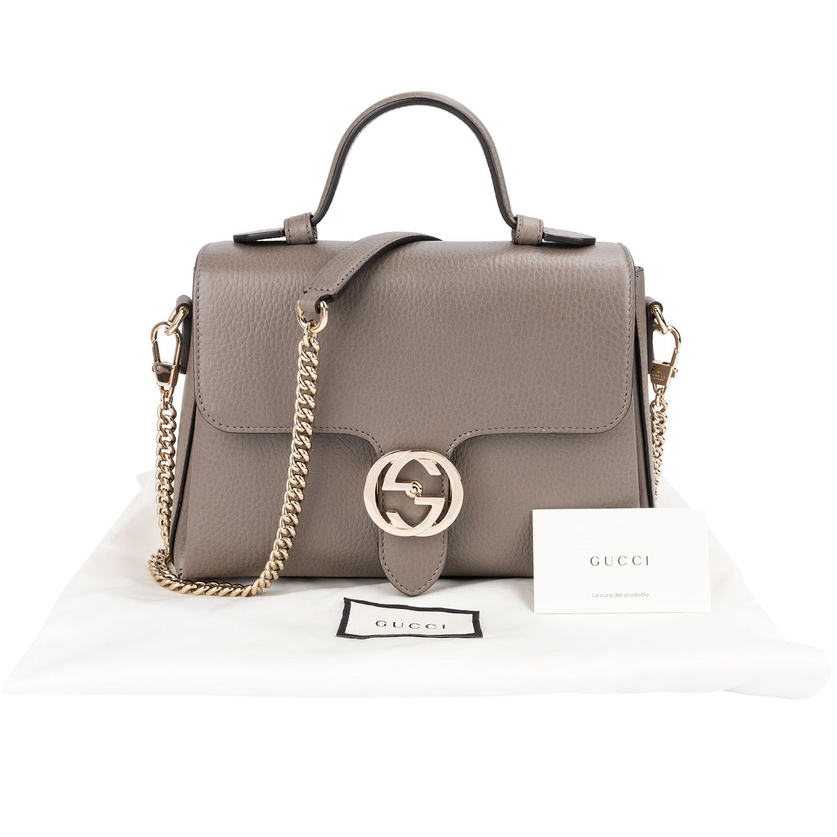 Sac à main Gucci Interlocking GG à poignée en cuir grainé taupe