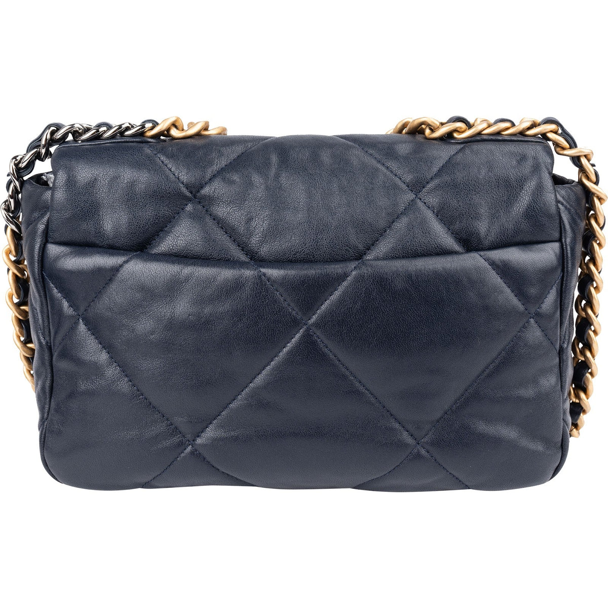 Bolso bandolera Chanel 19 de piel de cordero acolchada azul marino con solapa sencilla
