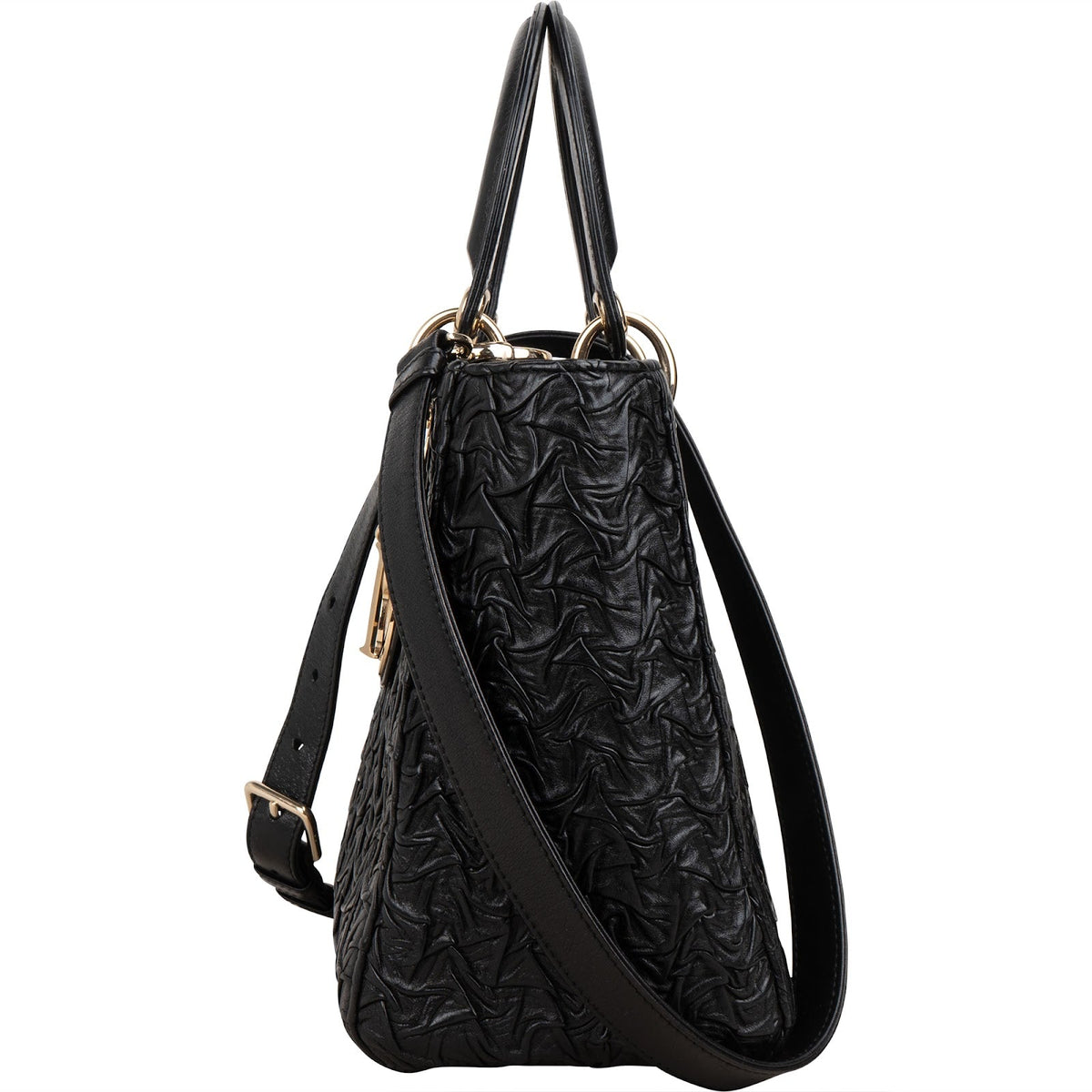 Christian Dior Black Crinkled Lambskin Small Lady Dior Handbag