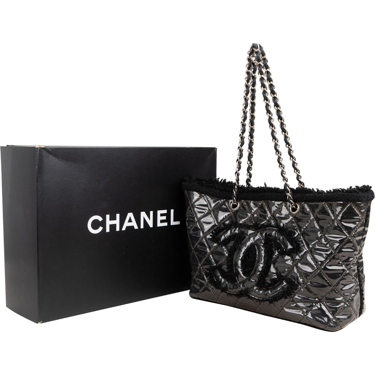 Chanel Patent Leather Fringed CC Large Shopping Tote Shoulder Bag