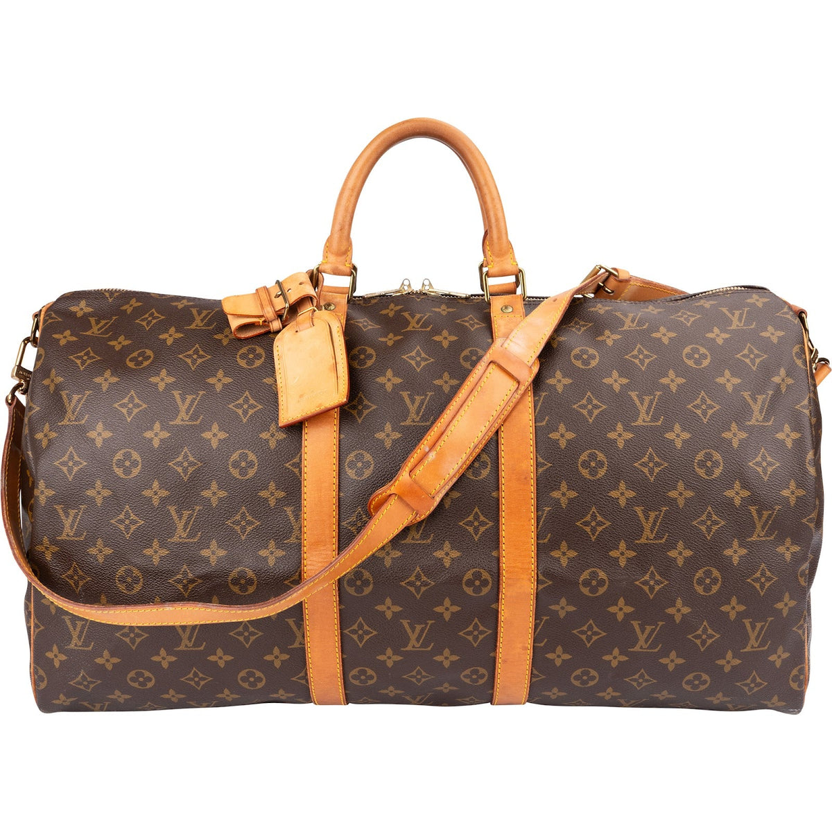 Louis Vuitton Monogram Canvas Keepall 55 Bandoulière aus Monogram Canvas und Vachetta-Leder – Vorderansicht