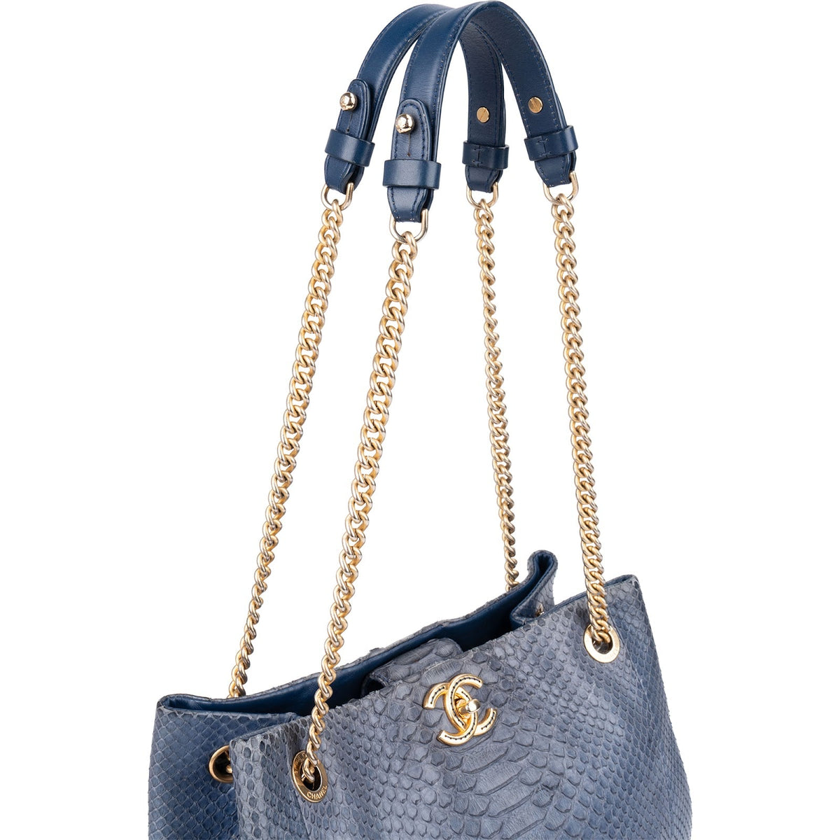 Chanel CC Shopping Tote aus blauem Pythonleder – Detailansicht 2