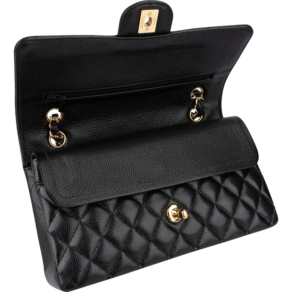 Borsa a tracolla Chanel Medium Double Flap in pelle caviale trapuntata con dettagli dorati