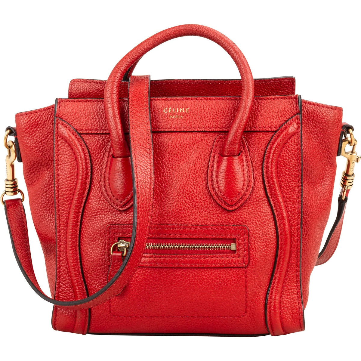 Céline Rot Grained Nano Luggage aus genarbtem Kalbsleder – Vorderansicht