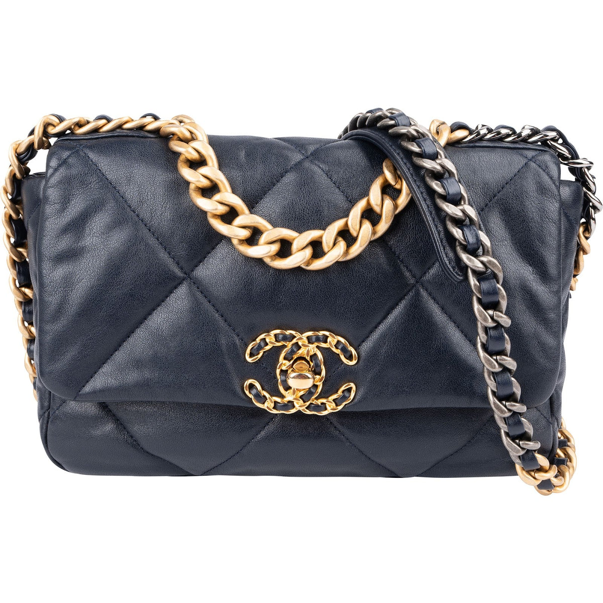 Bolso bandolera Chanel 19 de piel de cordero acolchada azul marino con solapa sencilla