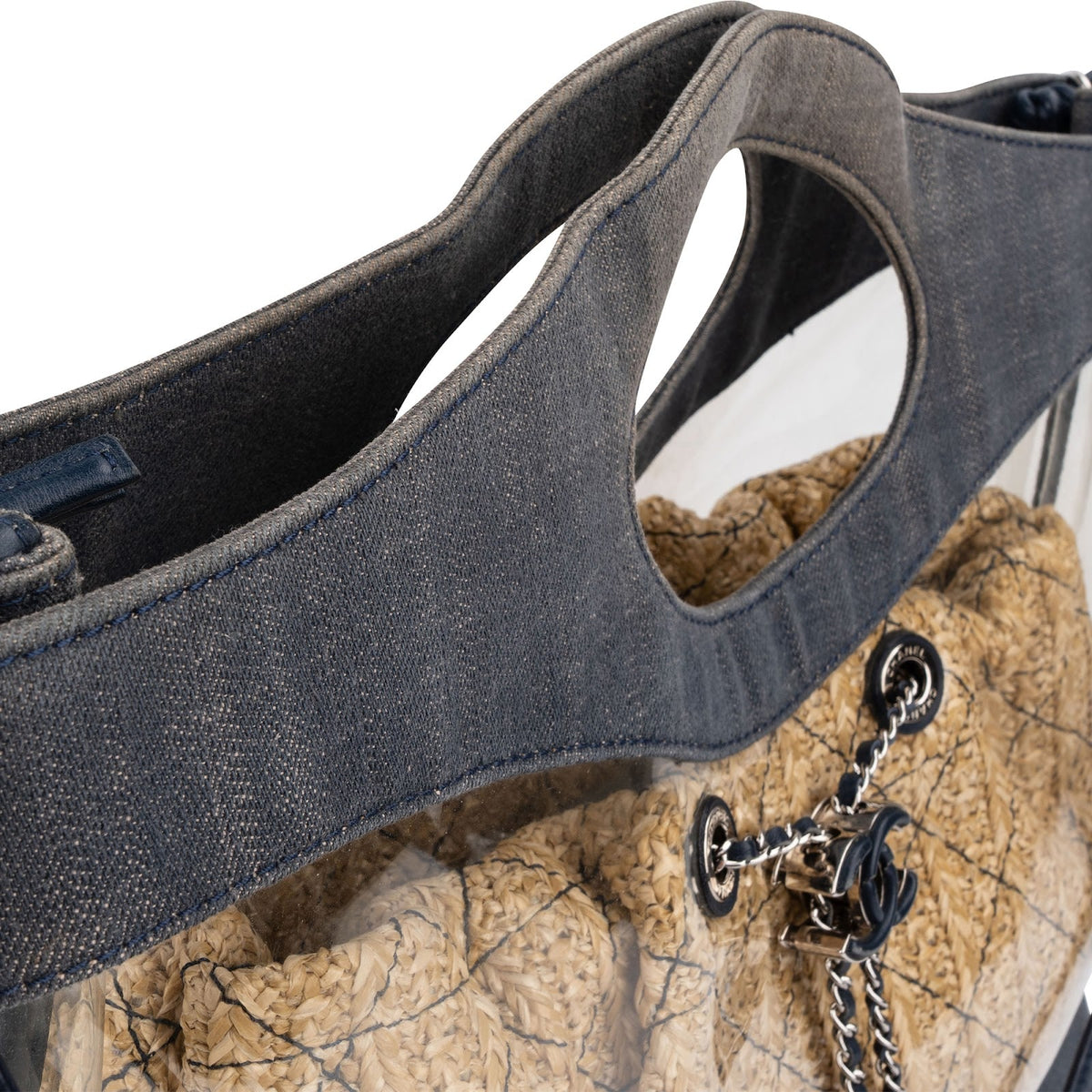 Bolso de hombro Chanel 31 Tote Shopper en PVC transparente, denim y rafia