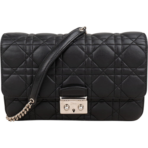 Christian Dior Black Quilted Cannage Lambskin Wallet On Chain Crossbody Bag