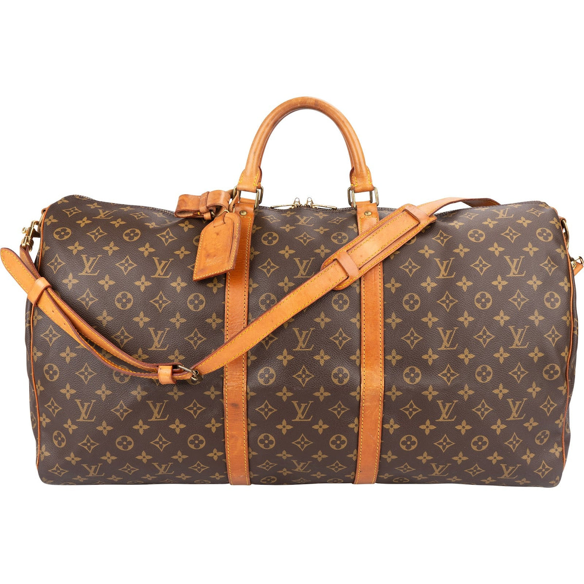 Louis Vuitton Monogram Canvas Keepall 60 Bandoulière aus Canvas und Vachetta-Leder – Vorderansicht