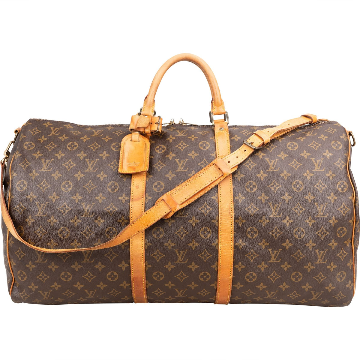 Louis Vuitton Monogram Canvas Keepall 60 Bandoulière aus Canvas und Vachetta-Leder – Vorderansicht