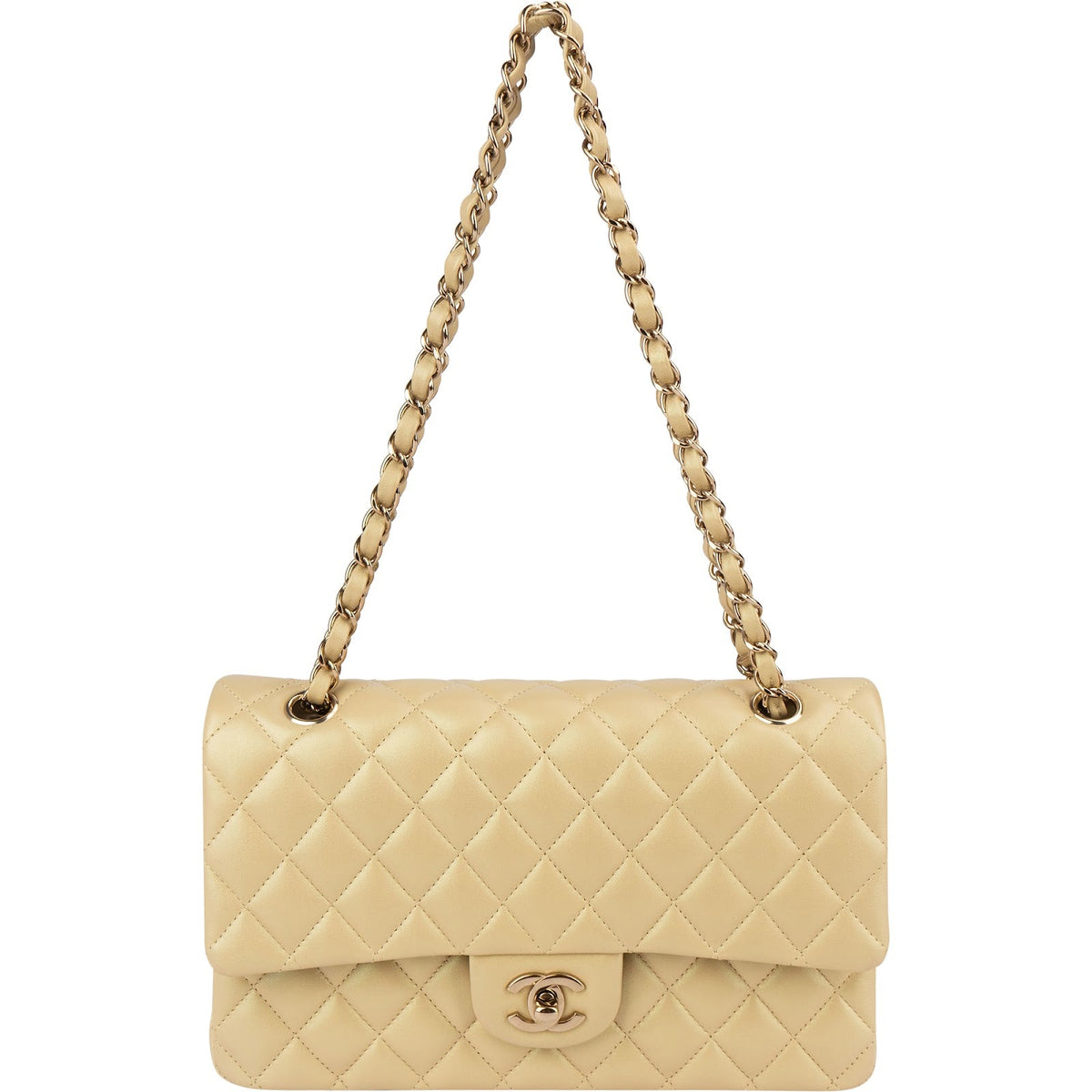Chanel middelgrote dubbele flap schoudertas van goudkleurig glinsterend doorgestikt lamsleer