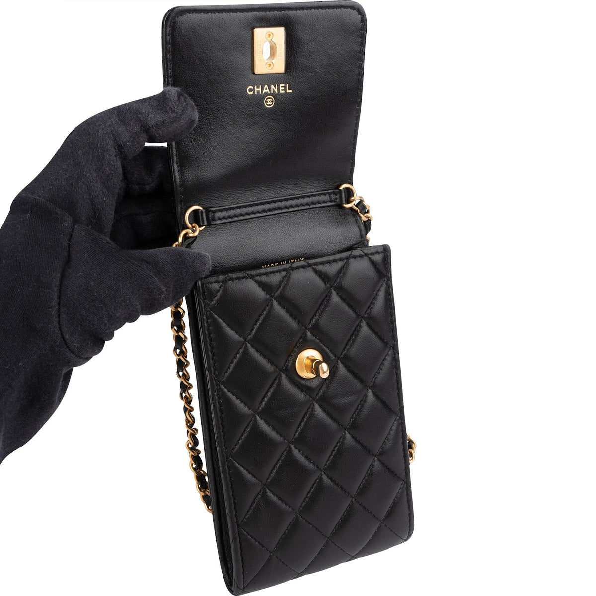 Chanel gewatteerde lamsleren telefoonhouder Chain crossbody tas