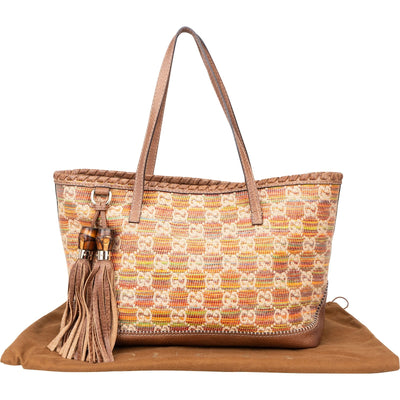 Gucci Monogram Multicolor Raffia and Leather GG Bamboo Tassel Tote Shoulder Bag