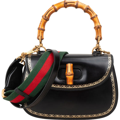 Gucci Zwarte Leren Monogram Bamboo Top Handle 1947 Handtas