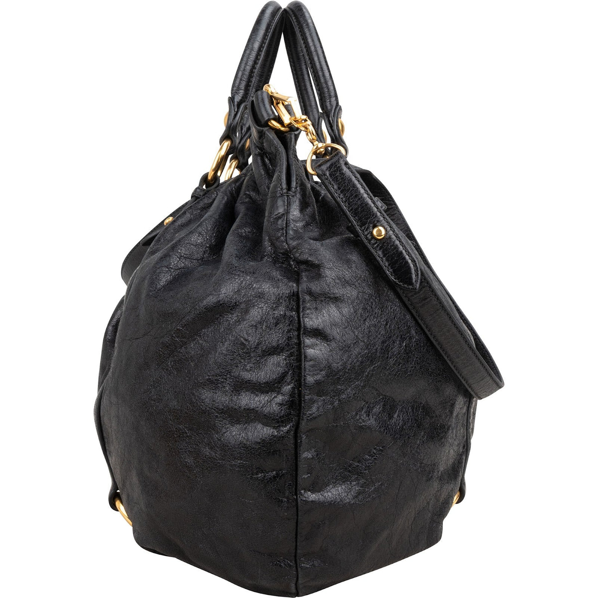 Bolso de mano Miu Miu Hobo Satchel fruncido en piel Vitello Lux negra