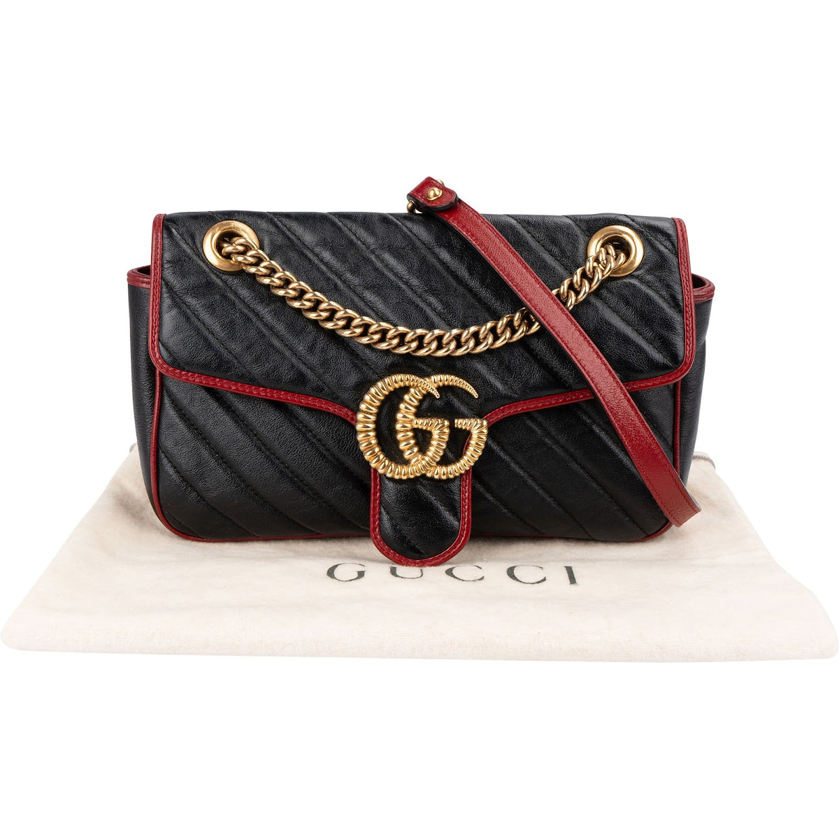 Gucci zwarte Matelassé lederen rode Edges GG Marmont crossbody tas