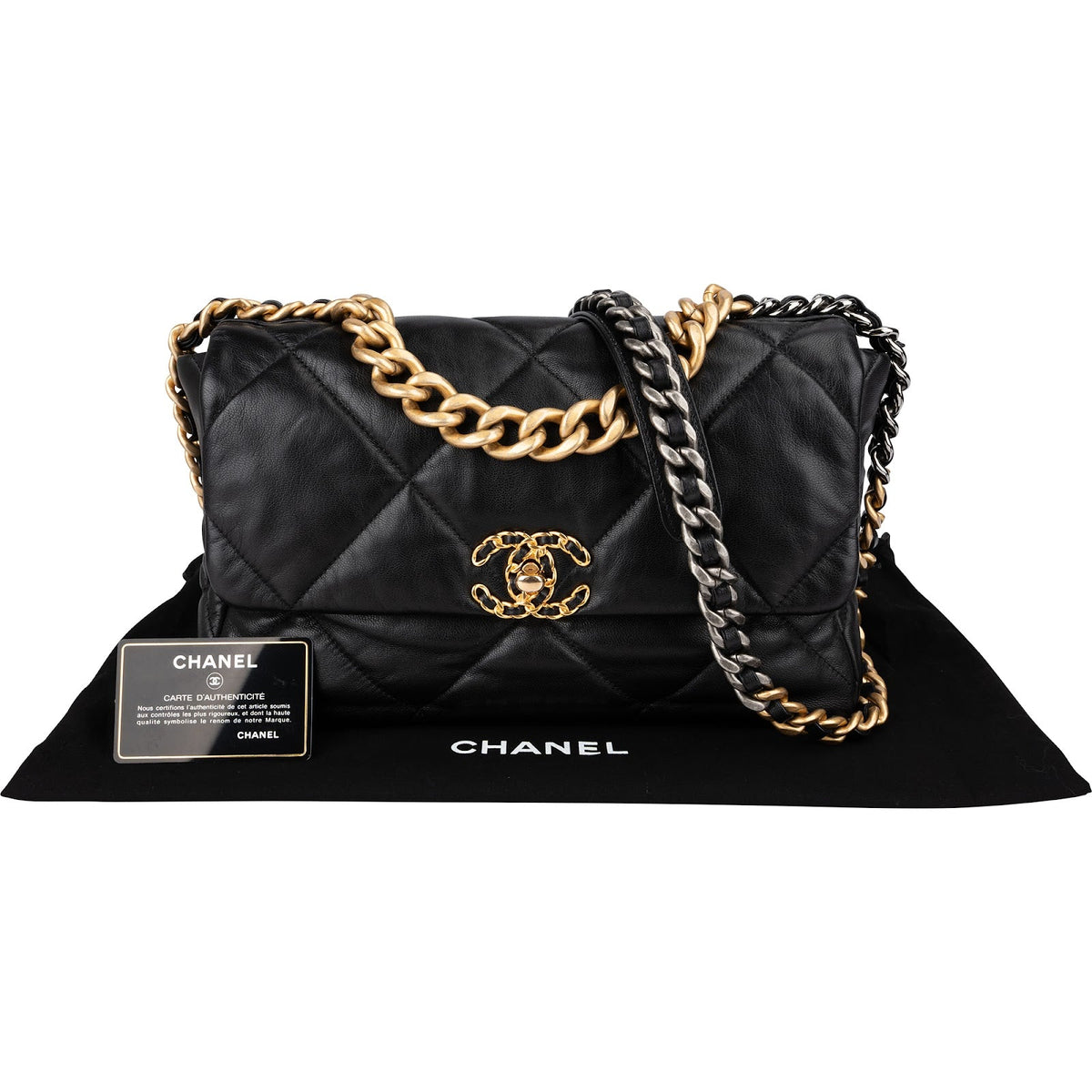 Borsa a tracolla Chanel 19 grande in pelle di agnello trapuntata con patta singola