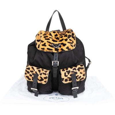 Prada Leopard Print Animal Hair Triangle Multipoket Drawstring Backpack