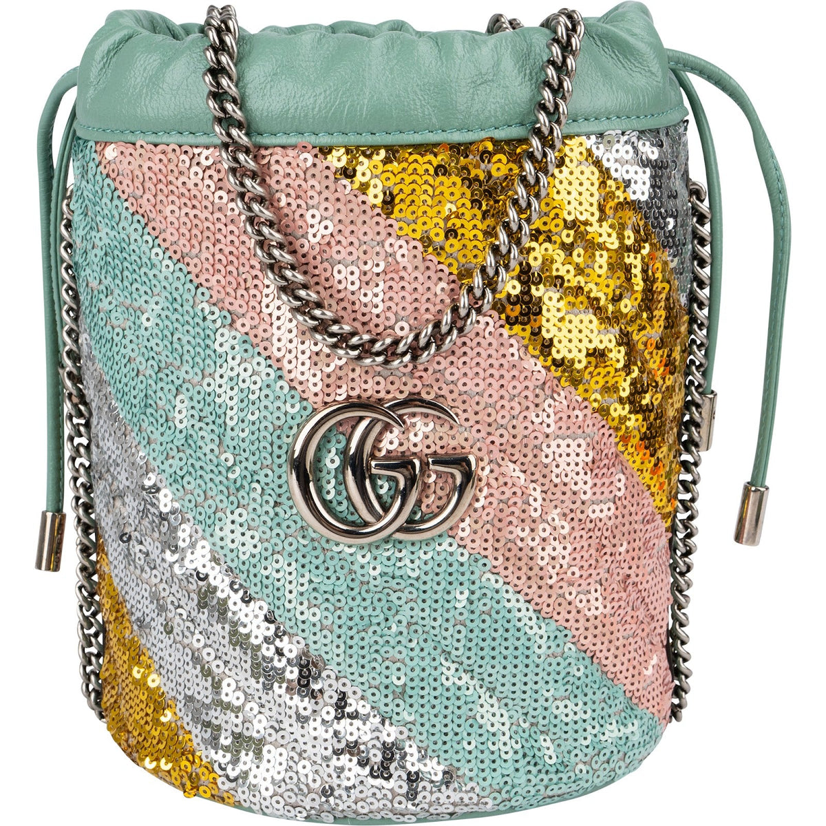 Gucci GG Marmont Small Bucket mit Pailletten – Vorderansicht