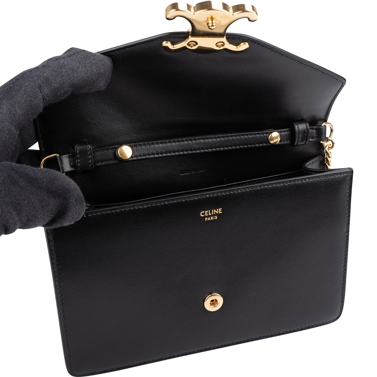Borsa a tracolla Celine Triomphe Wallet On Chain in pelle di vitello lucida