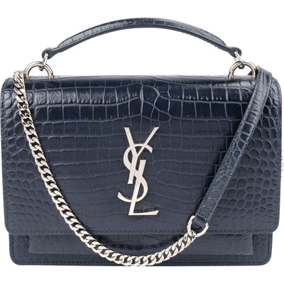 Saint Laurent Navy Exotic Croc-Embossed Sunset Top Handle Crossbody Bag