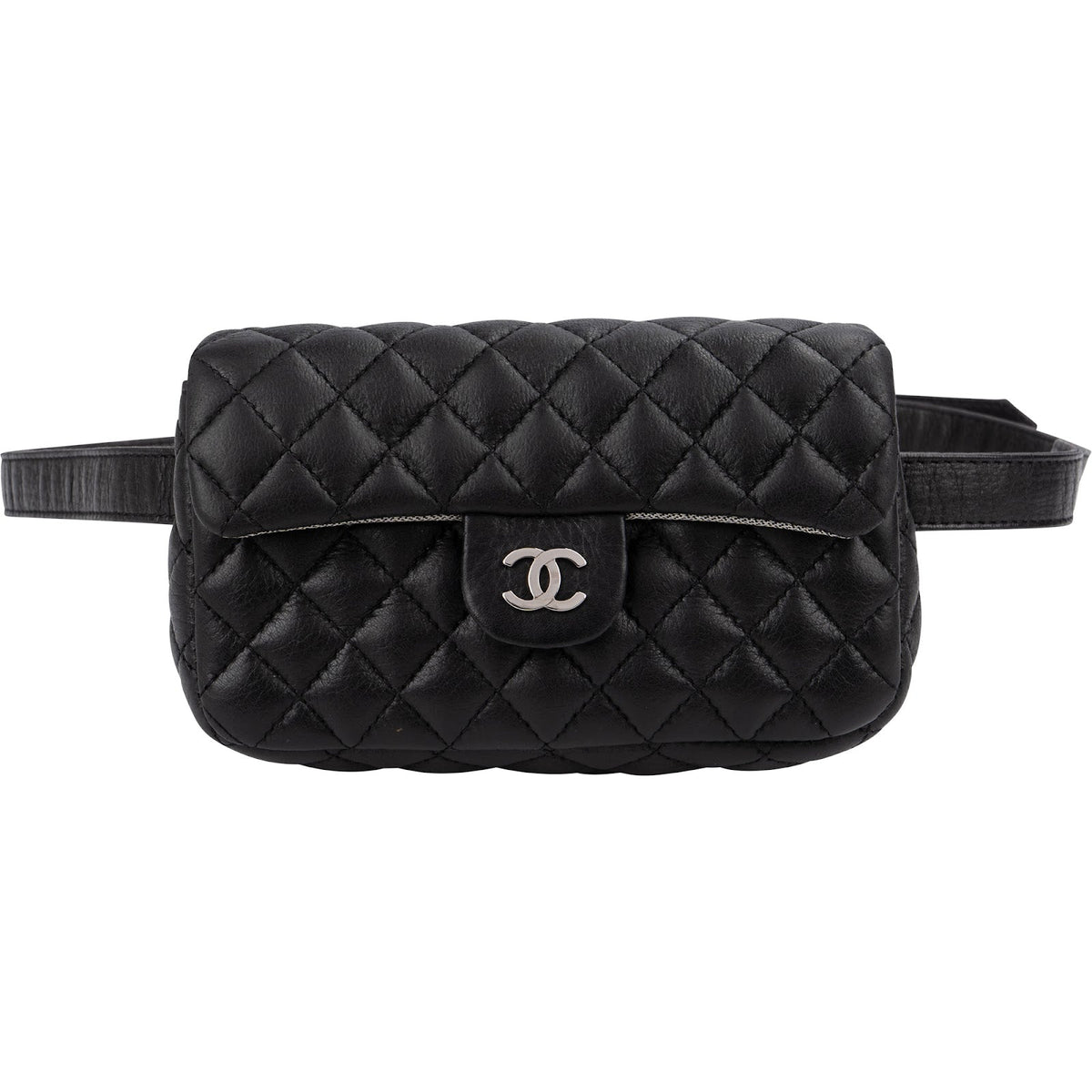 Sac ceinture Chanel Uniform en cuir d'agneau matelassé noir, pièces métalliques palladiées