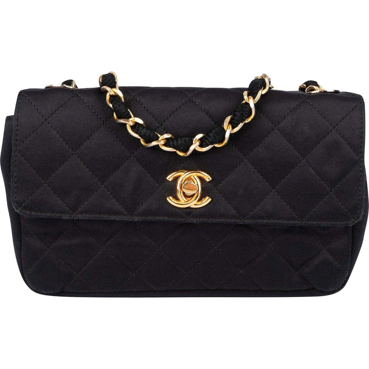 Chanel Mini Single Flap aus schwarzem Satin – Vorderansicht