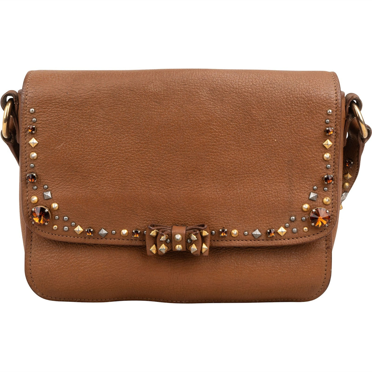 Miu Miu Brown Grained Leather Studded Bow Shoulder Bag