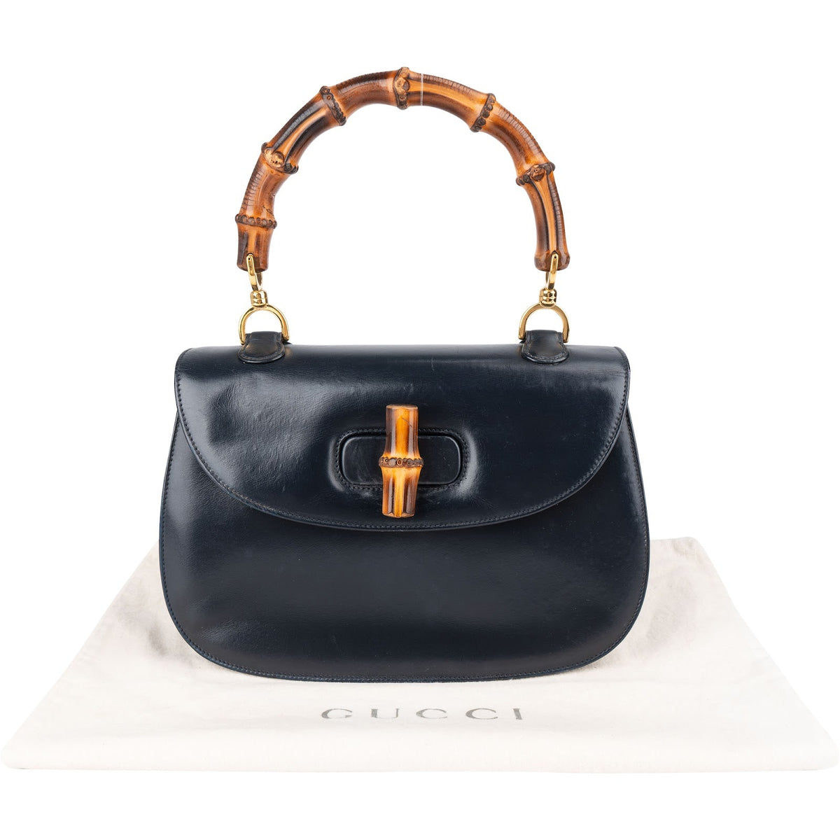 Sac à main Gucci en cuir lisse bleu marine avec poignée en bambou