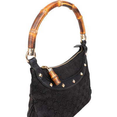 Sac à main hobo Gucci noir en toile monogrammée GG avec clous et détails en bambou