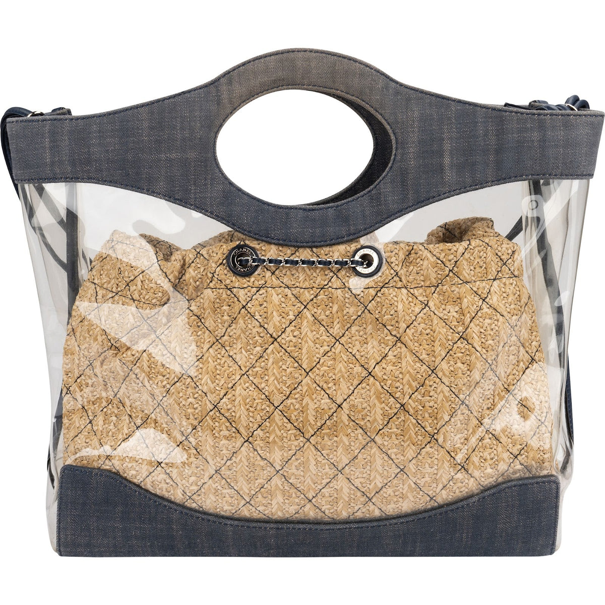 Bolso de hombro Chanel 31 Tote Shopper en PVC transparente, denim y rafia