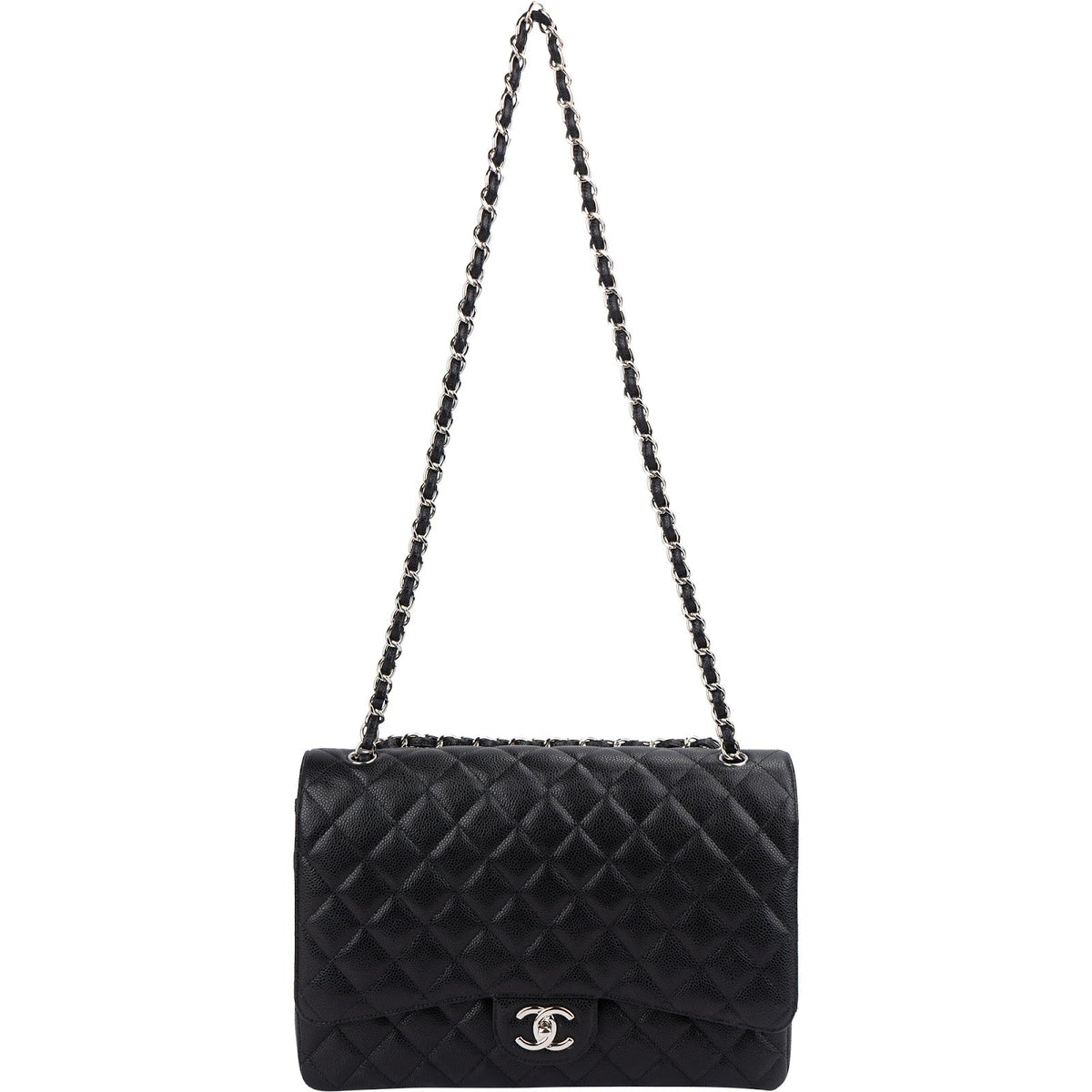 Chanel Quilted Caviar Leather Palladium Maxi Double Flap Crossbody Bag
