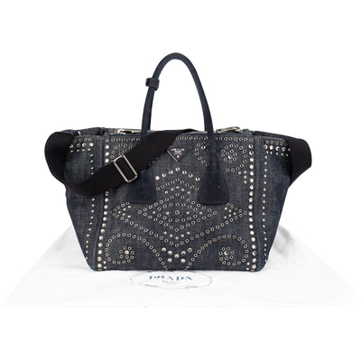 Prada Studded Perforated Denim Suede Handle Shopper Handbag